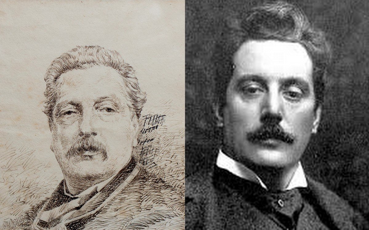 'Giacomo Puccini' disegno a china di G. Fattori, firmato nel Chiaro-Scuro