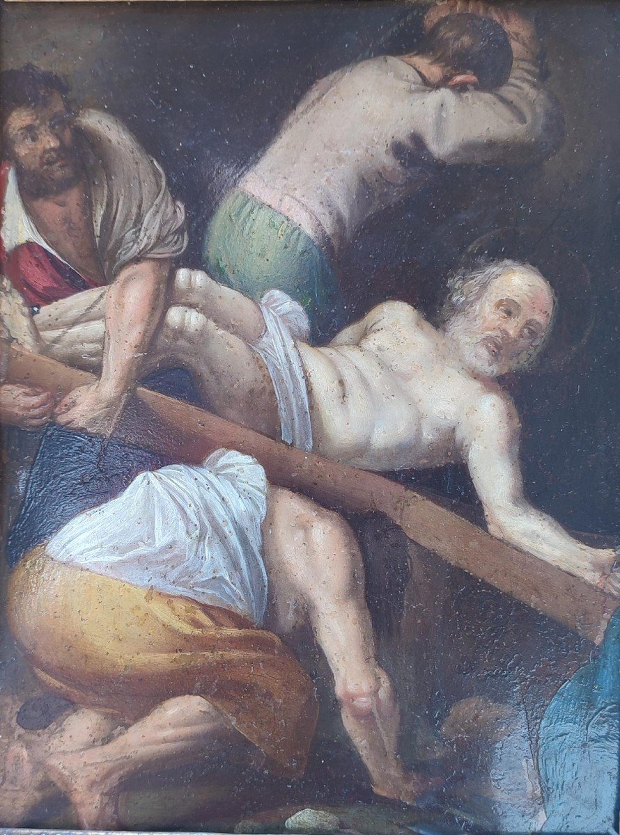 Da Caravaggio. La crocifissione di San Pietro dipinto ad olio su rame.  XVII sec.-photo-2