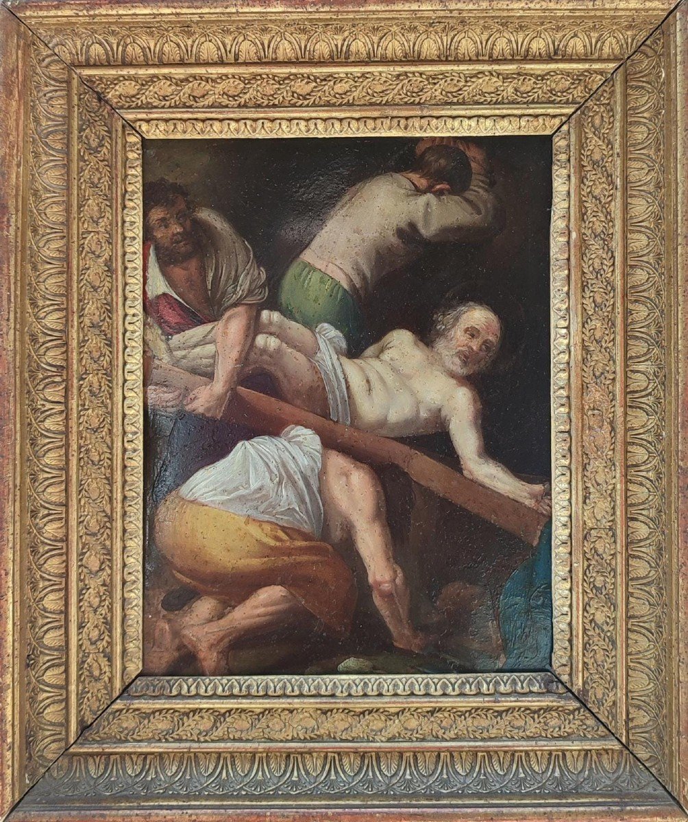 Da Caravaggio. La crocifissione di San Pietro dipinto ad olio su rame.  XVII sec.