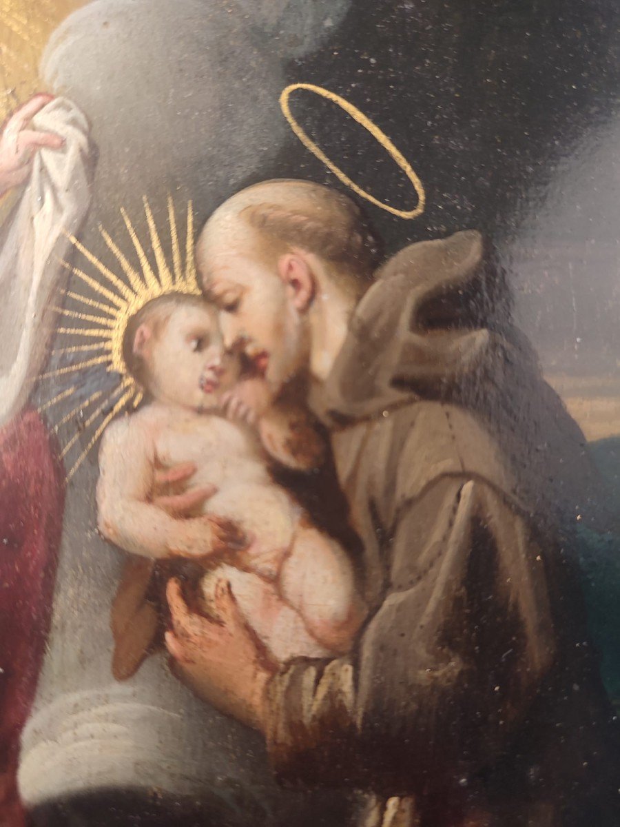 Pittura su rame raffigurante Madonna e Bambino con i santi Antonio e Francesco. Firmato Sadeler -photo-4