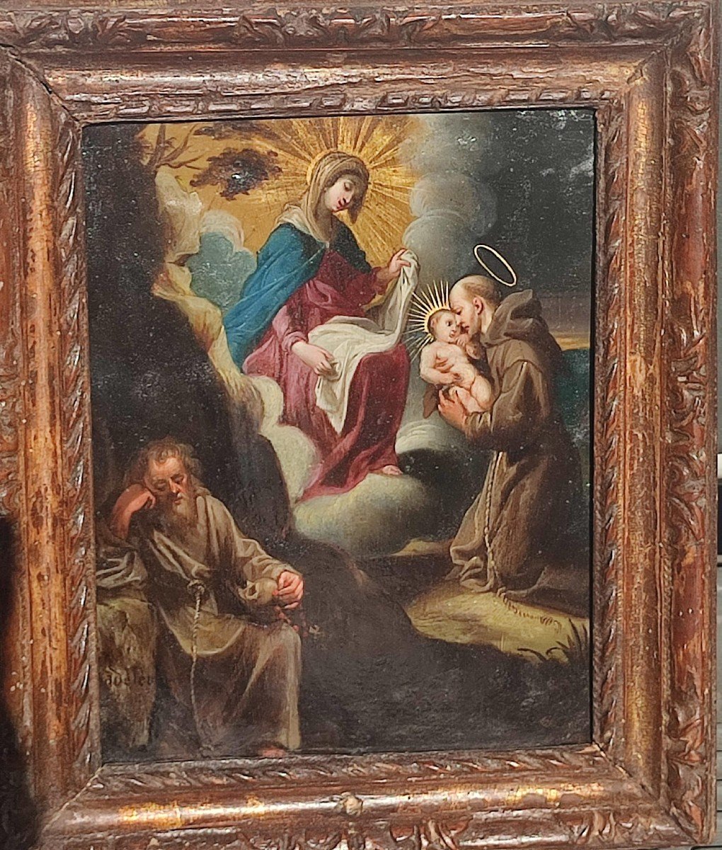 Pittura su rame raffigurante Madonna e Bambino con i santi Antonio e Francesco. Firmato Sadeler -photo-1