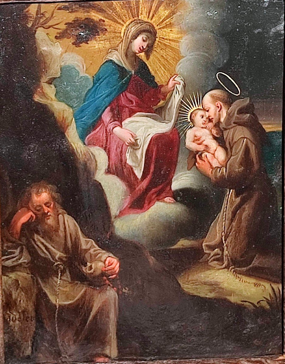 Pittura su rame raffigurante Madonna e Bambino con i santi Antonio e Francesco. Firmato Sadeler 