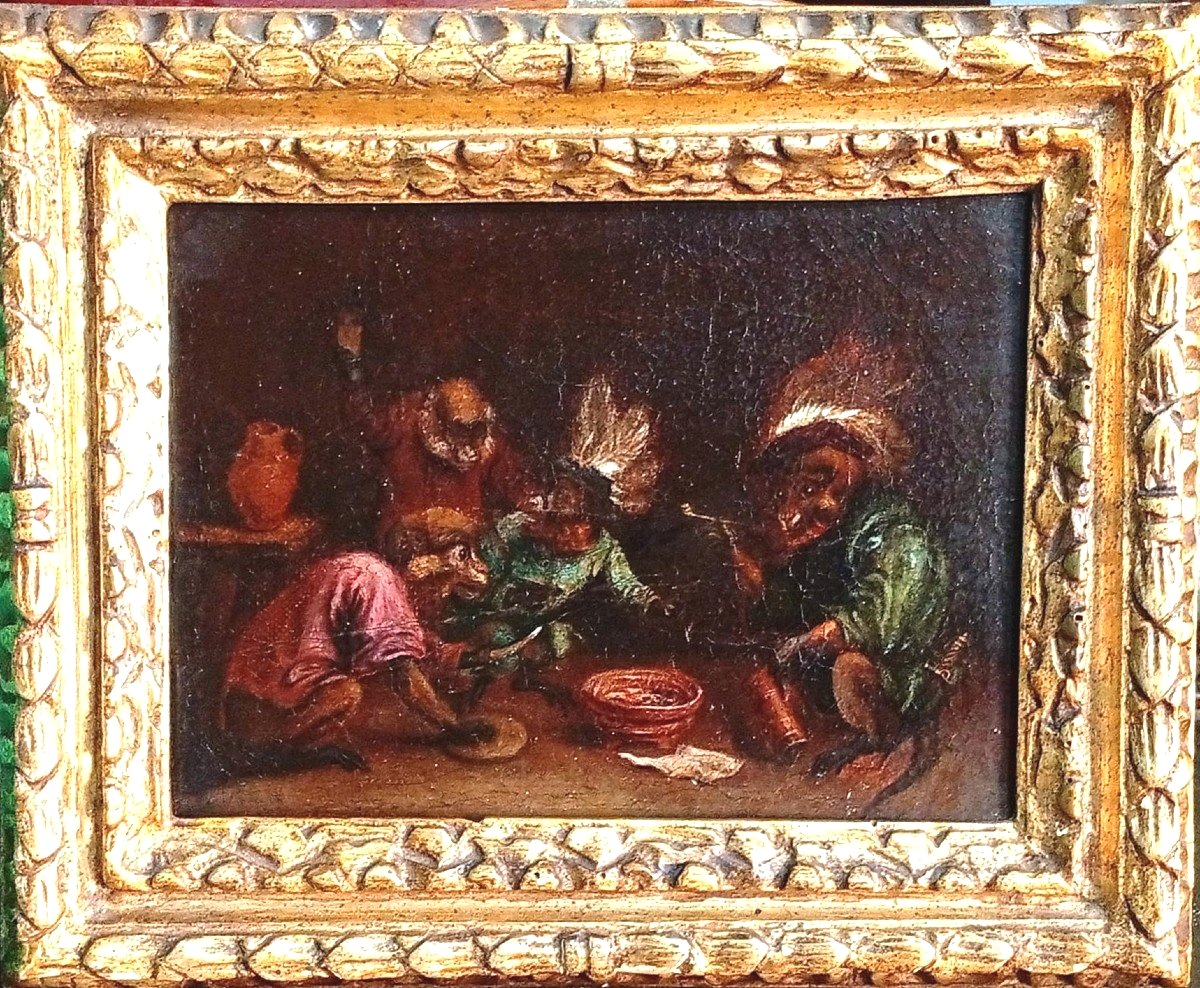 David Teniers II 'Il Banchetto delle Scimmie, entro cornice originale. (1610-90)-photo-2
