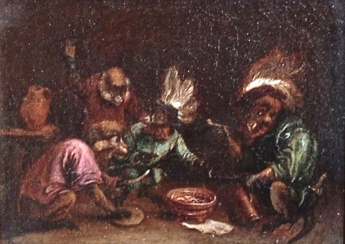 David Teniers II 'Il Banchetto delle Scimmie, entro cornice originale. (1610-90)-photo-3