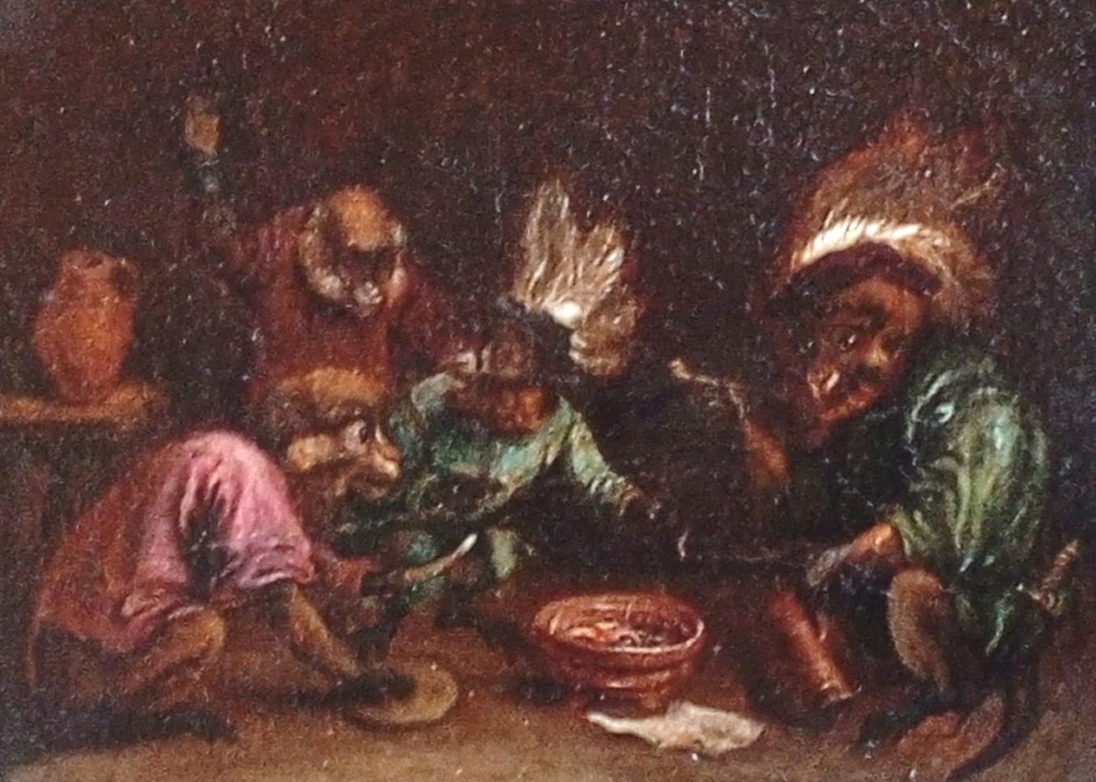 David Teniers II 'Il Banchetto delle Scimmie, entro cornice originale. (1610-90)