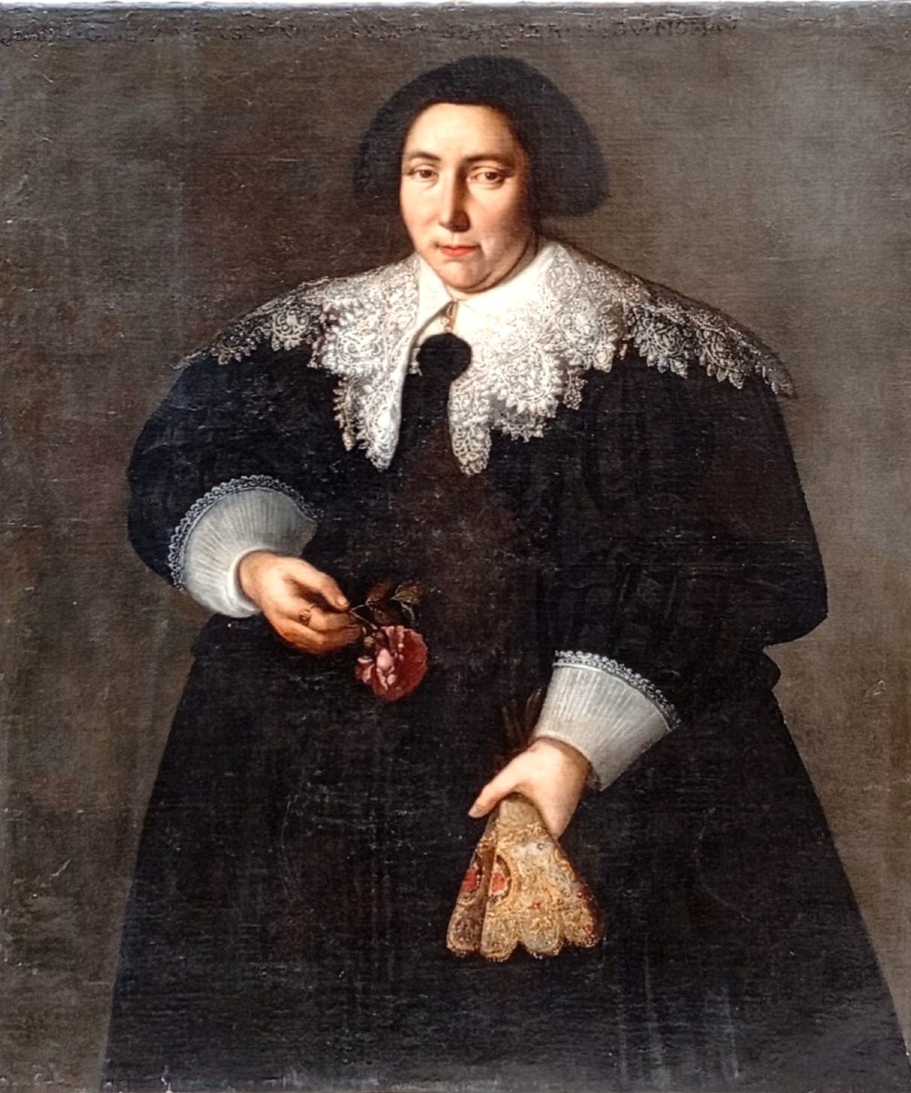 N.E. Pickenoy   Anversa 1590-1635  'La Nana  con Rosa e Ventaglio' datato 1618, -Cm 109x92-