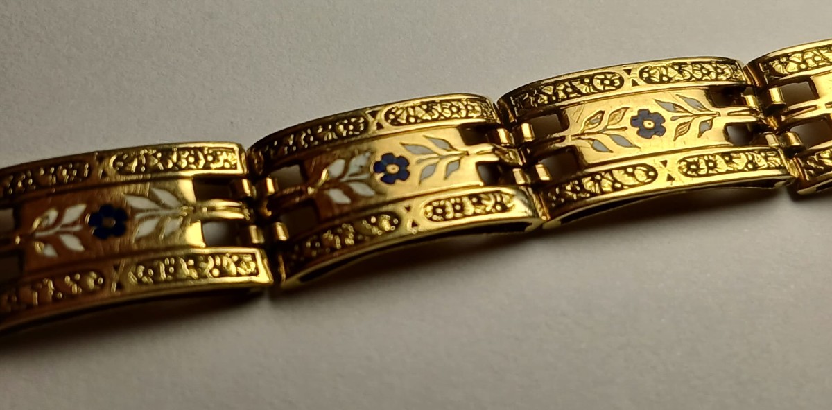 Bracciale snodabile in oro e smalti. Oggettoliberty di manifattura siciliana. -photo-4