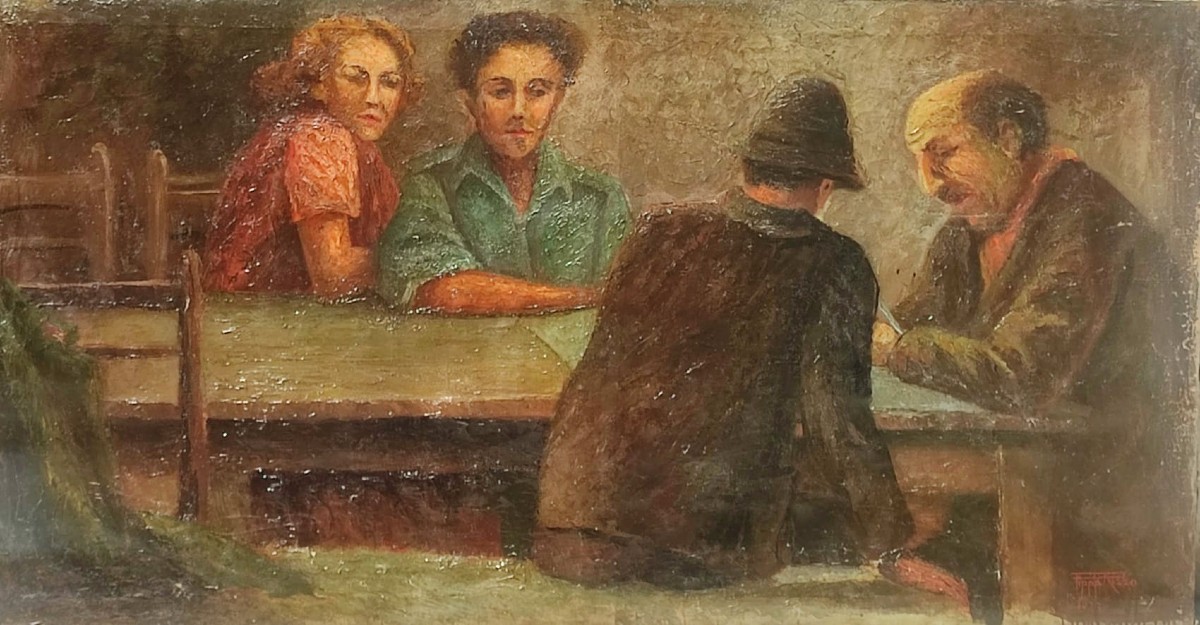 Pippo Rizzo, 'La Partita a Carte' opera firmata e datata 1923. Grande dipinto carico di energia