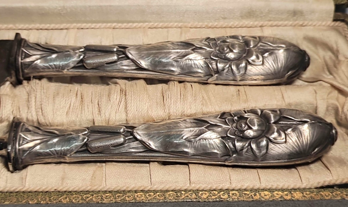 Servizio  posata liberty per arrosto con manici in argento massiccio decoro floreale. 1920 c.-photo-2