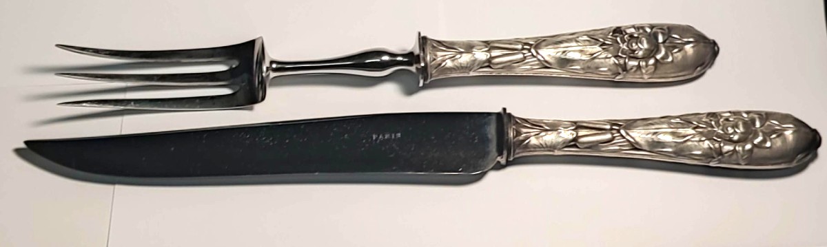 Servizio  posata liberty per arrosto con manici in argento massiccio decoro floreale. 1920 c.-photo-3