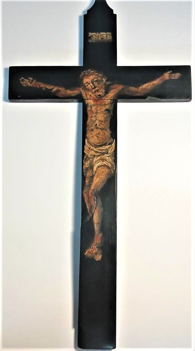 Croce in ebano dipinto con raffigurazione di Cristo - Sicilia o Spagna Sec. XVII