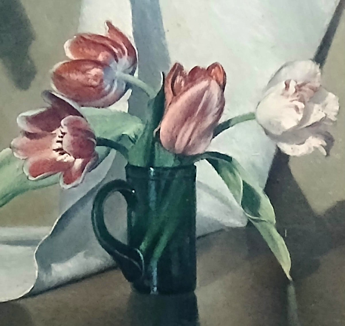 Valentino Ghiglia (1903-!960)- Tulipani in brocca di vetro verde. Dipinto luminoso del pittore -photo-2