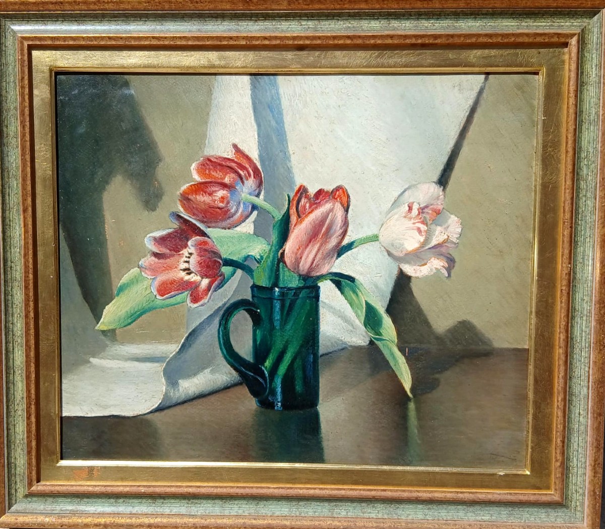 Valentino Ghiglia (1903-!960)- Tulipani in brocca di vetro verde. Dipinto luminoso del pittore -photo-3