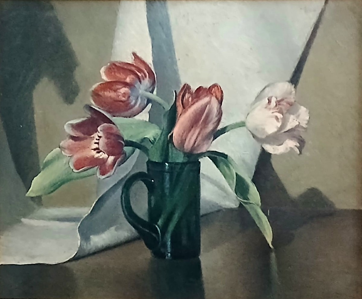 Valentino Ghiglia (1903-!960)- Tulipani in brocca di vetro verde. Dipinto luminoso del pittore 