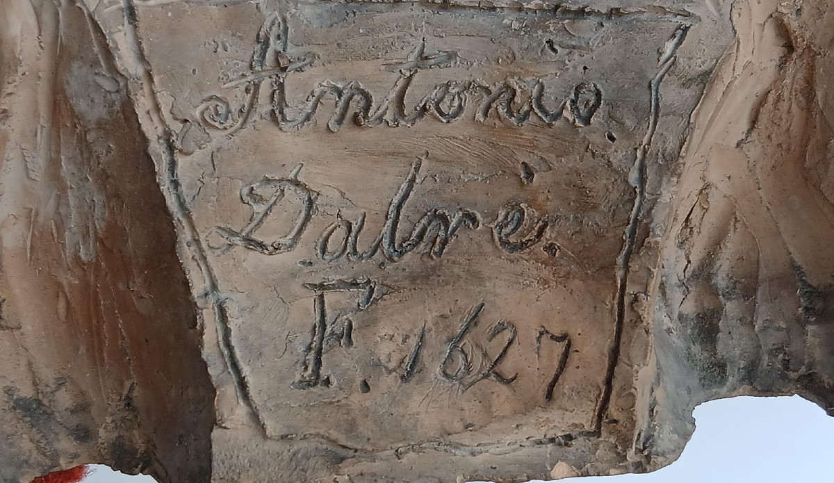 'Compianto su Cristo morto'.  Scultura terracotta dipinta, datata 1627,  firmata Antonio Dalrè-photo-2