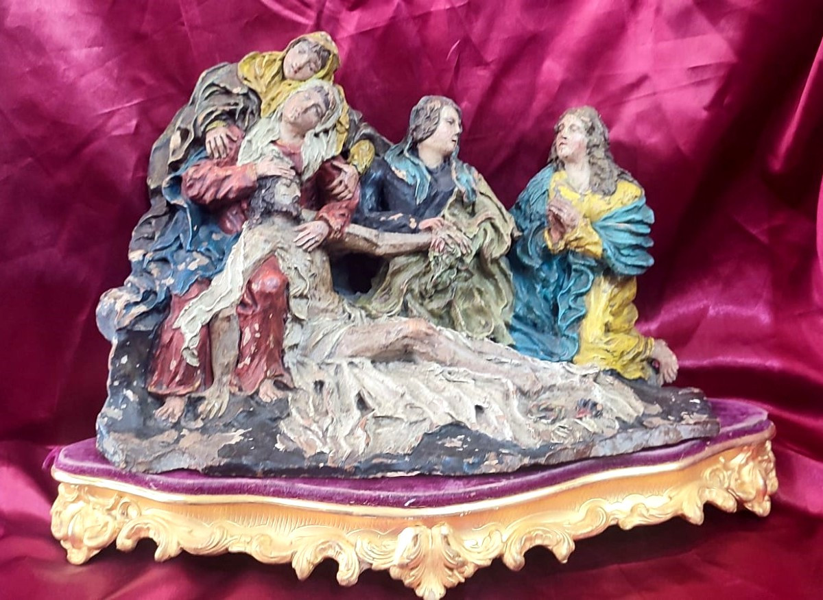 'Compianto su Cristo morto'.  Scultura terracotta dipinta, datata 1627,  firmata Antonio Dalrè-photo-3