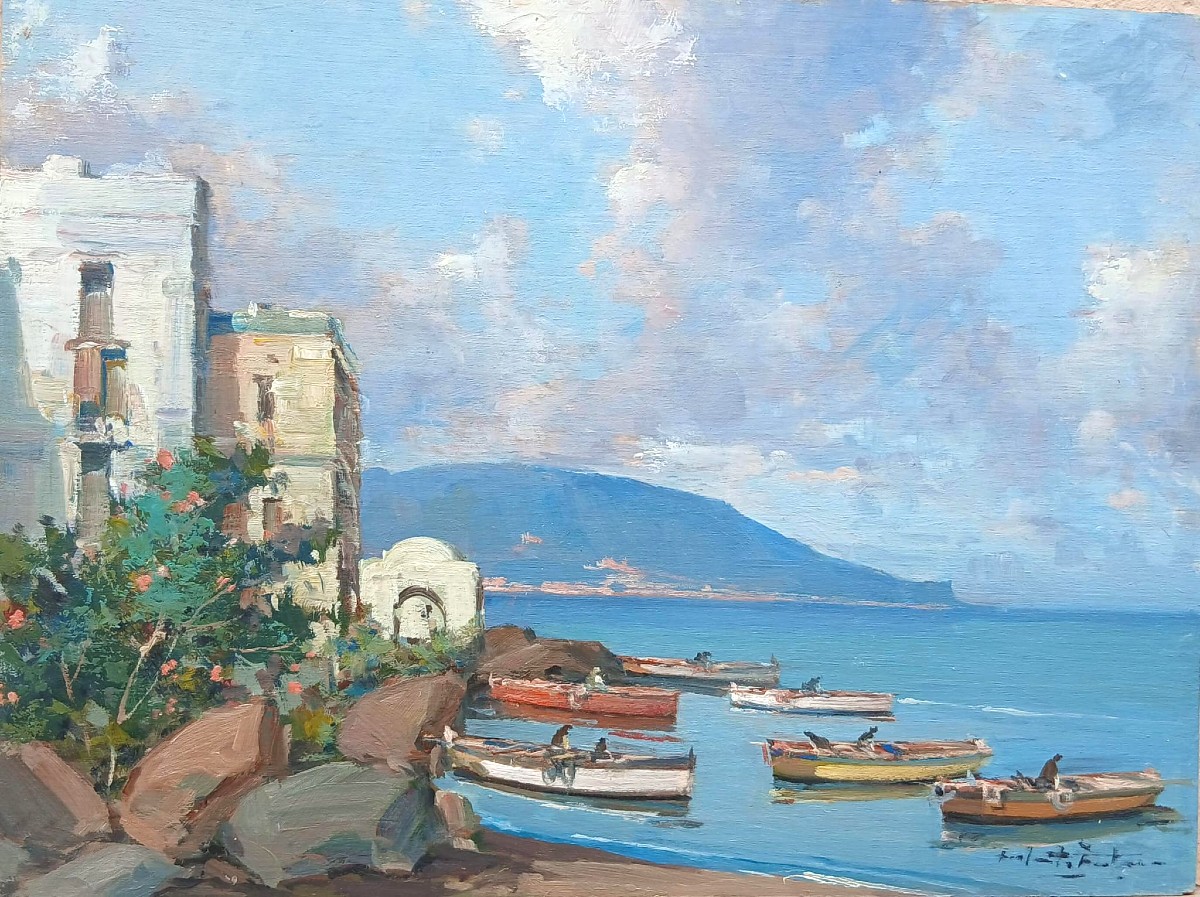 Coppia di Marine della costa mediterranea. Napoli sec. XX. cm 30x40- firmate F.Fontana.-photo-2