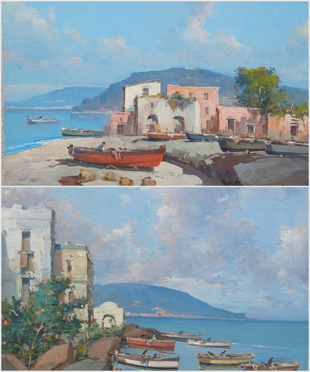 Coppia di Marine della costa mediterranea. Napoli sec. XX. cm 30x40- firmate F.Fontana.