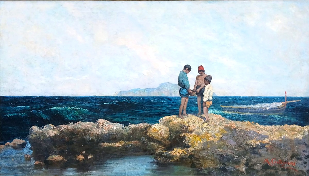 Michele Cortegiani 'Pescatorelli tra gli scogli' Olio su tela di cm.80x140.-photo-2