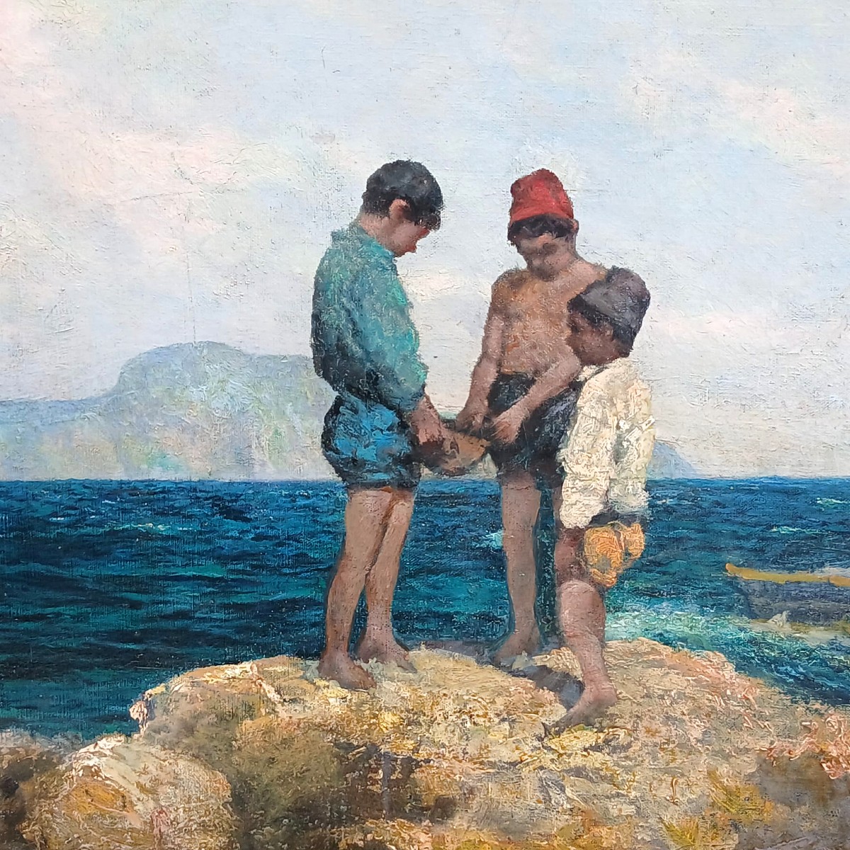 Michele Cortegiani 'Pescatorelli tra gli scogli' Olio su tela di cm.80x140.-photo-3