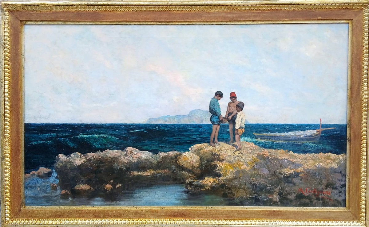 Michele Cortegiani 'Pescatorelli tra gli scogli' Olio su tela di cm.80x140.