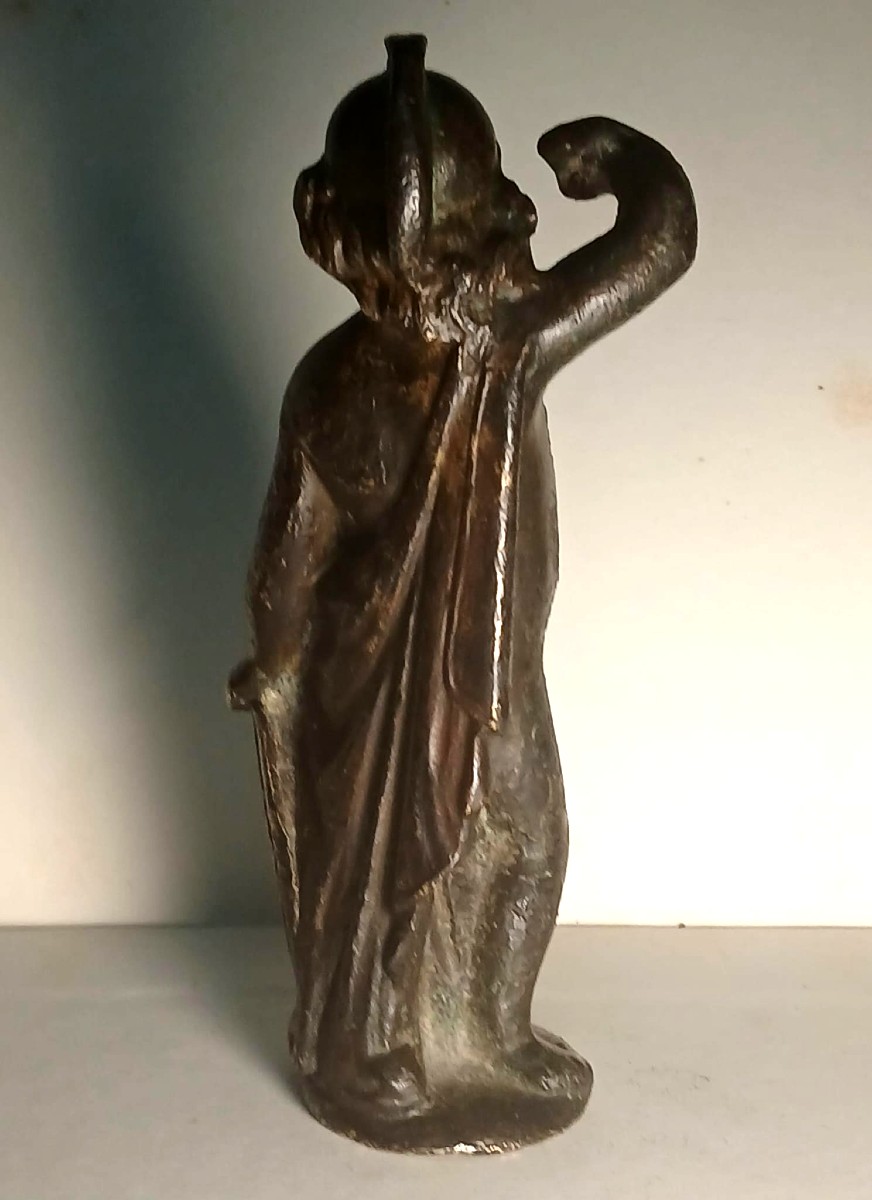 'Marte Bambino'. Bronzo a patina bruna con elmo e scudo. Scuola padovana rinascimentale. cm 10 -photo-4