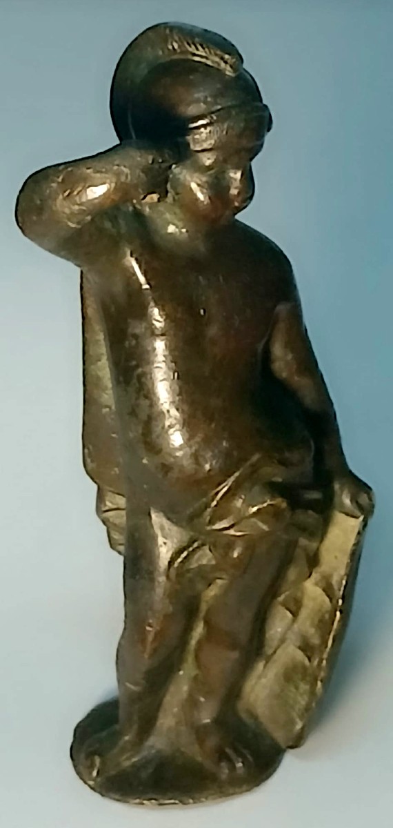 'Marte Bambino'. Bronzo a patina bruna con elmo e scudo. Scuola padovana rinascimentale. cm 10 