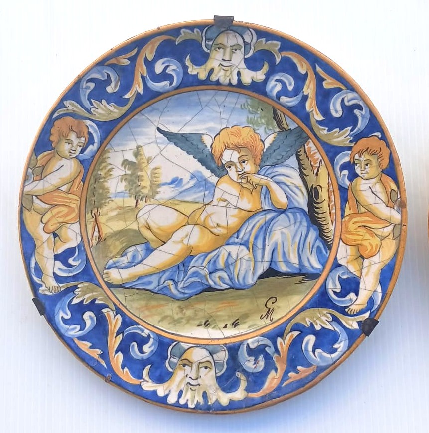 Coppia piatti dipinti in maiolica di 'Castelli', siglati Michele Giustiniani. Napoli sec XIX-photo-3