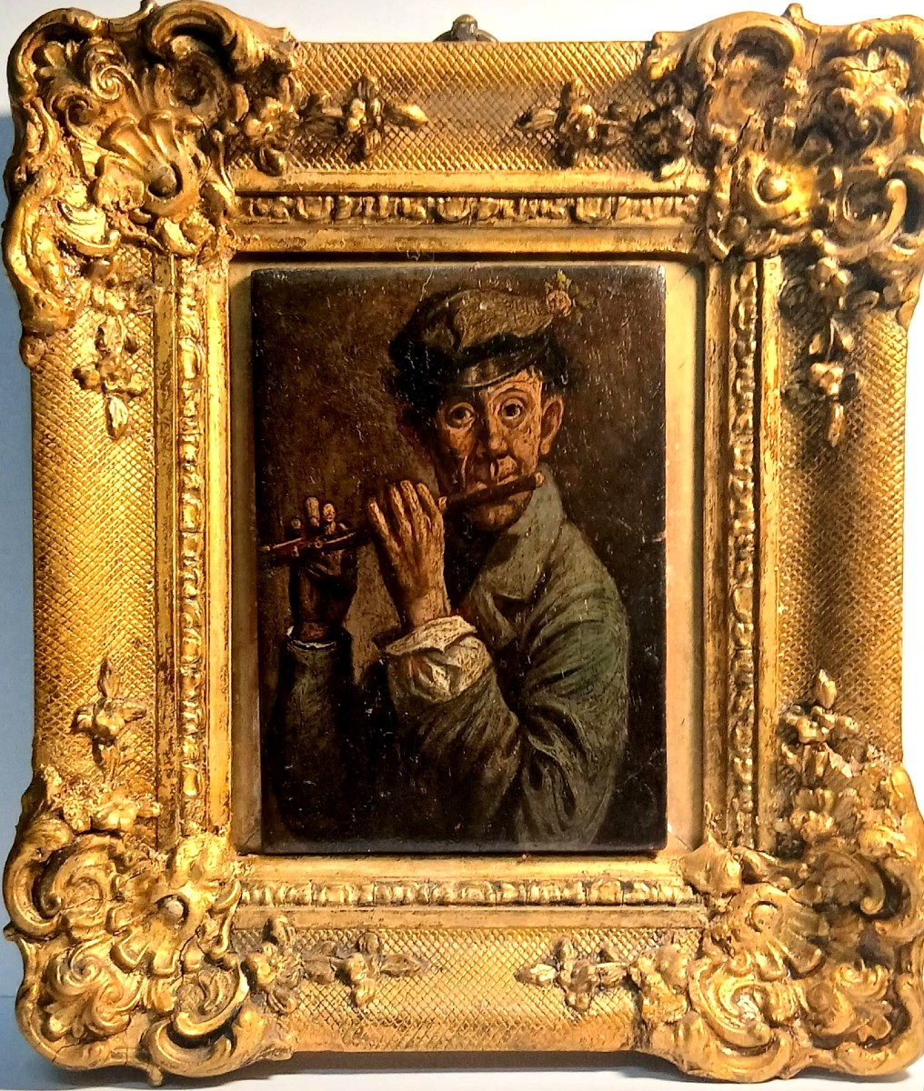 Il Flautista con fiore sul cappello. Tavoletta dipinta ad olio di cm 12 x 8 scuola 800 inglese 
