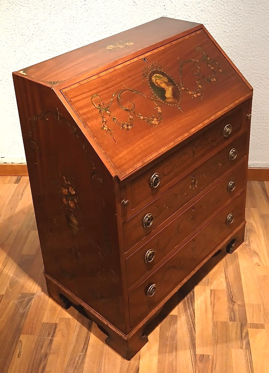 Ribaltina stile Sheraton in mogano massello finemente dipinto. Inghilterra fine 800--photo-2