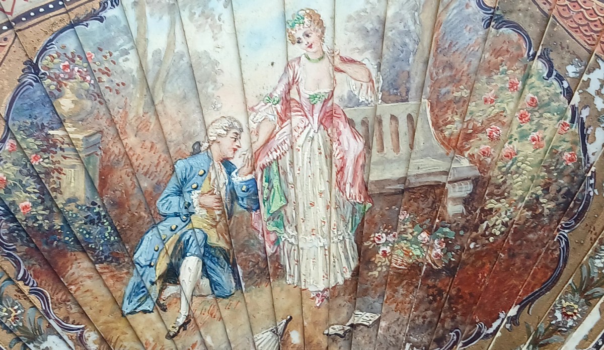Ventaglio  Vernis Martin del XIX secolo raffigurante scena di corteggiamento e decori policromi-photo-3