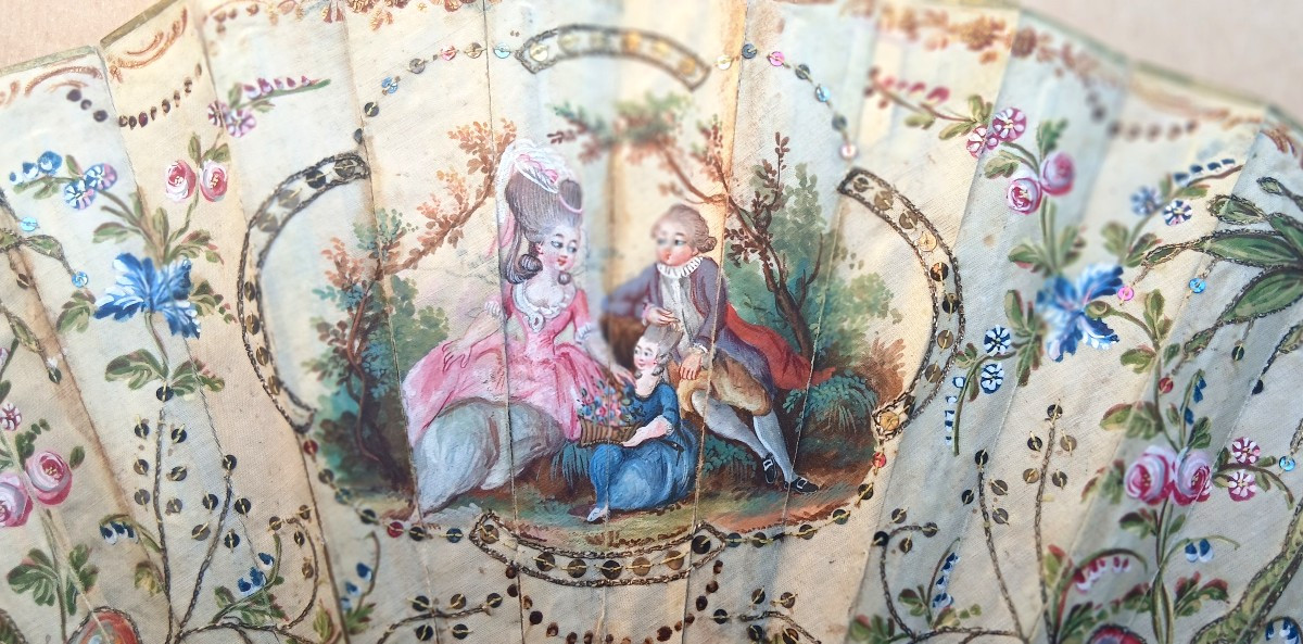 Ventaglio dipinto su raso con scena familiare. Francia Luigi XVI-photo-2