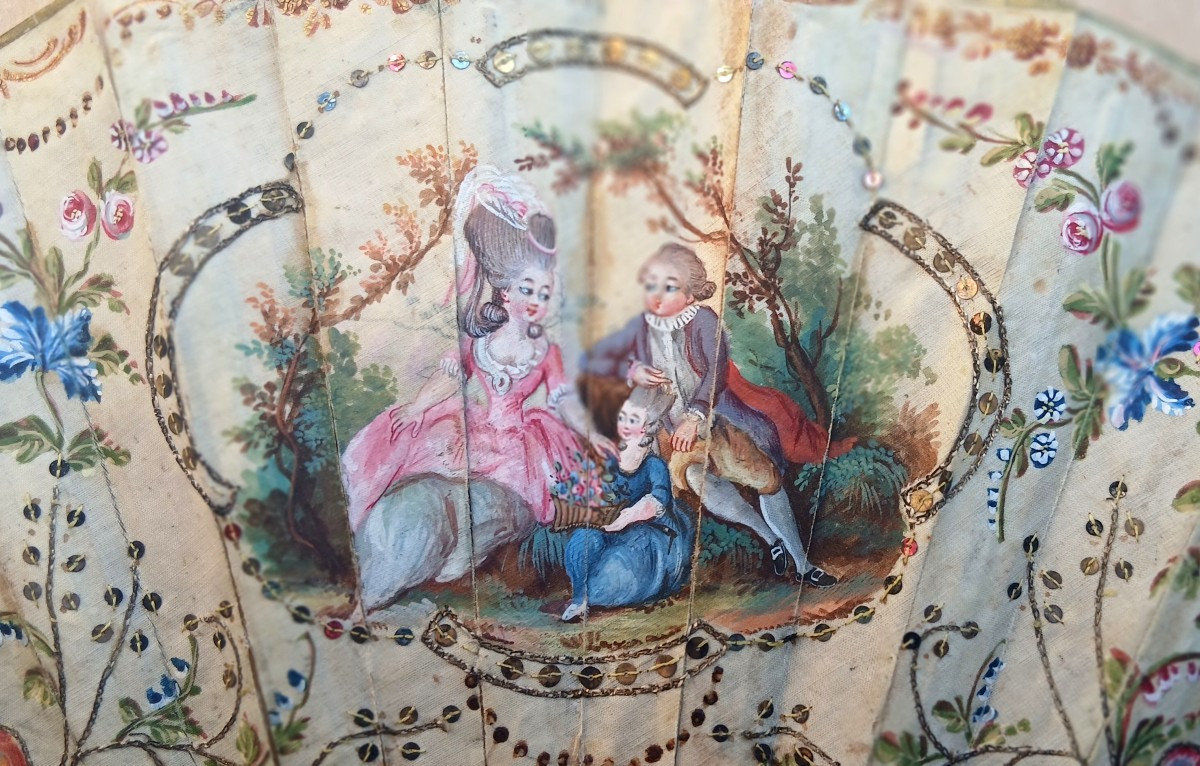 Ventaglio dipinto su raso con scena familiare. Francia Luigi XVI-photo-4