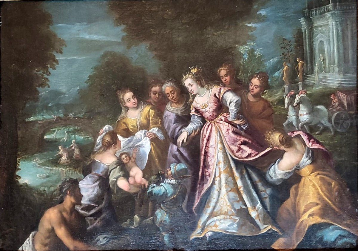 Andrea Michieli detto Il Vicentino. 'Mosè salvato dalle acque' in  splendida cornice originale.-photo-2