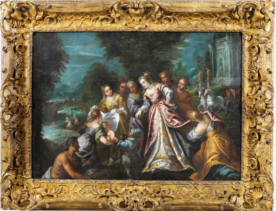 Andrea Michieli detto Il Vicentino. 'Mosè salvato dalle acque' in  splendida cornice originale.