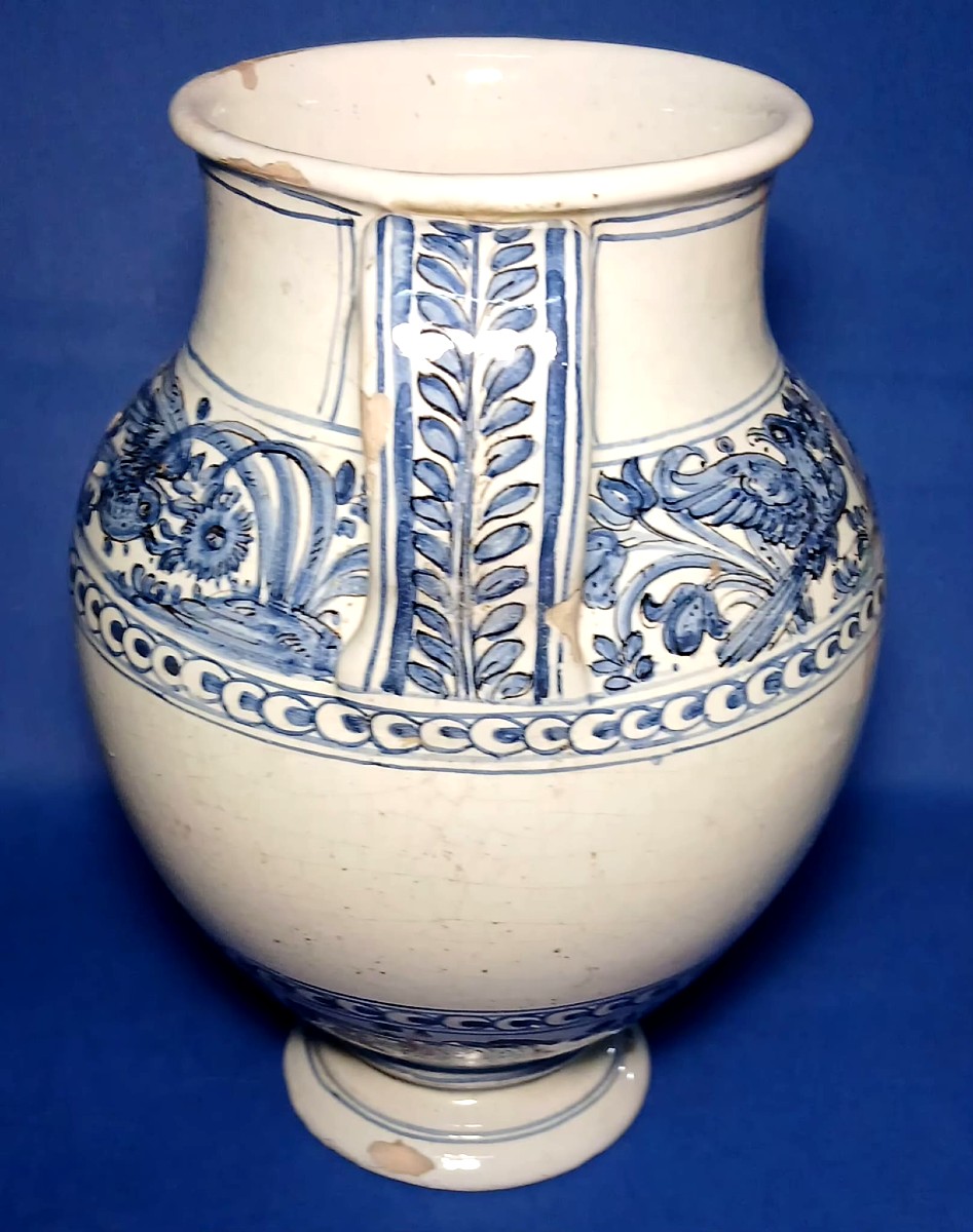 Orciolo in maiolica di Savona della fine del XVII secolo. Iscrizione farmaceutica in gotico.-photo-3