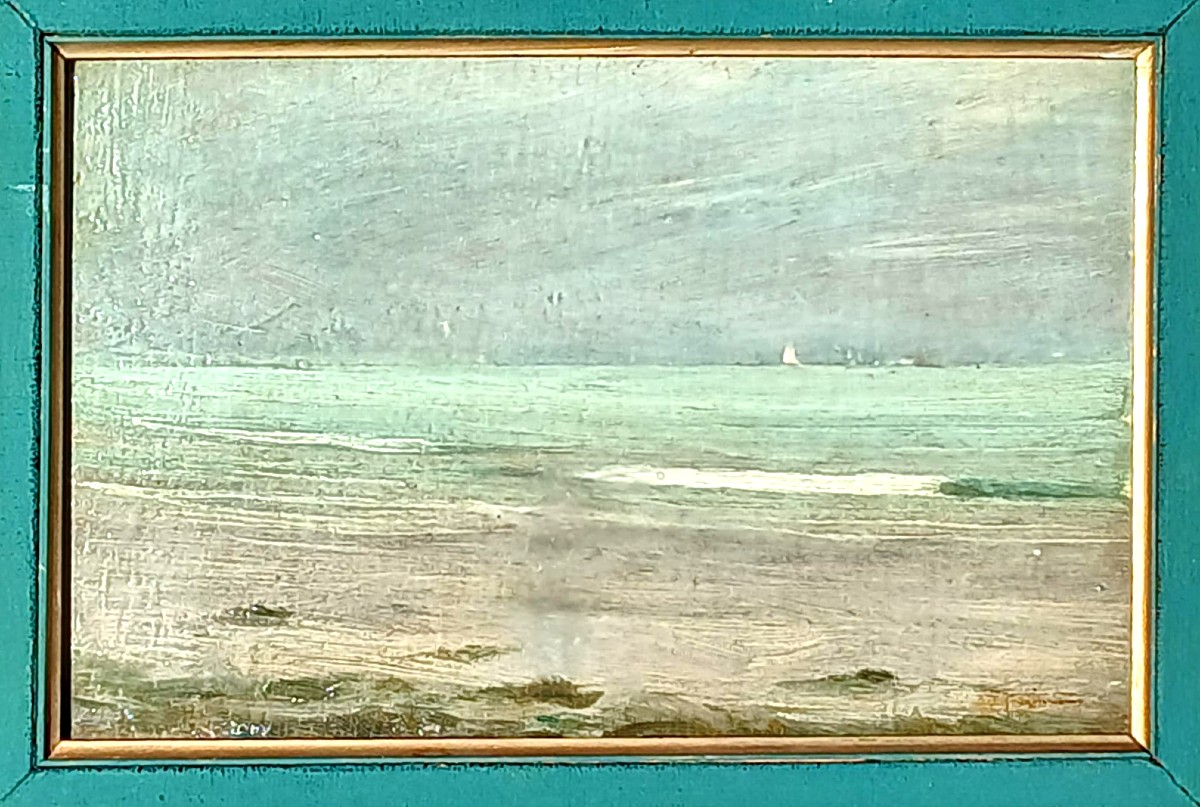 Pietro Fragiacomo'Una Vela in lontananza'.  Opera firmata e autenticata . Venezia 1891,  