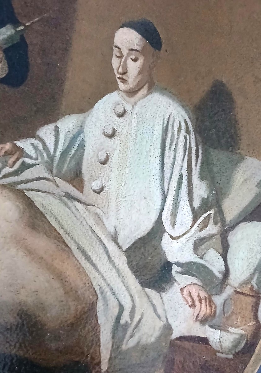 Jean Pezous  (attribuito)  'L'envers d'une ripaille' d'apres Jean Huber. Pierrot e il clistere.-photo-2