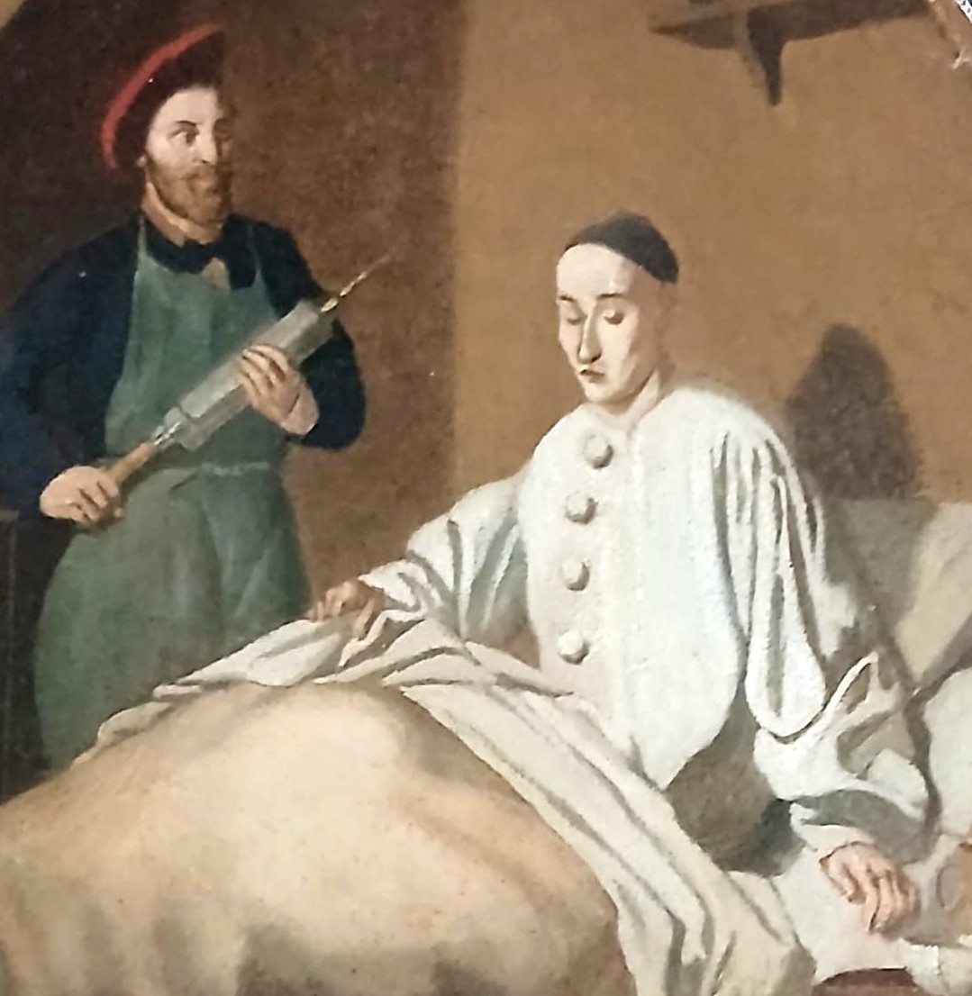 Jean Pezous  (attribuito)  'L'envers d'une ripaille' d'apres Jean Huber. Pierrot e il clistere.-photo-4