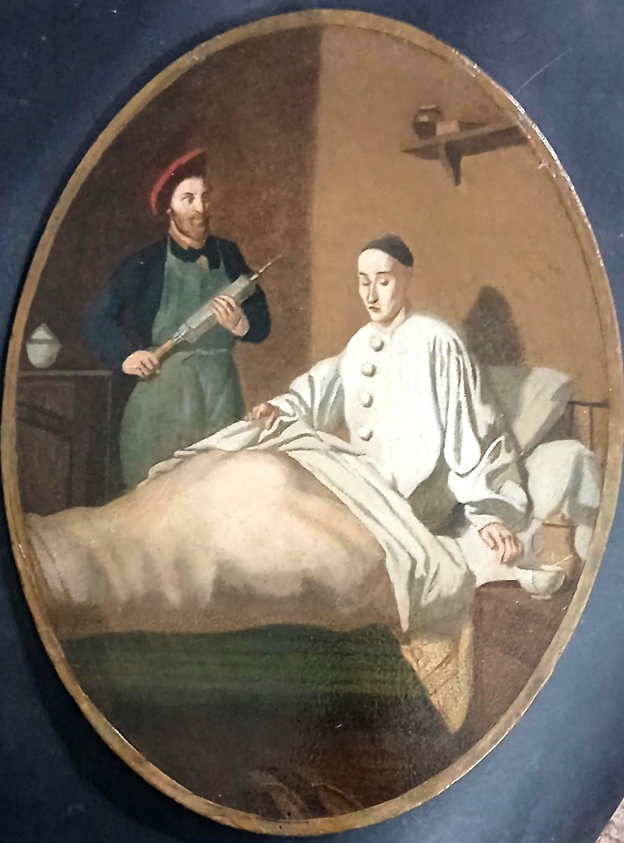 Jean Pezous  (attribuito)  'L'envers d'une ripaille' d'apres Jean Huber. Pierrot e il clistere.