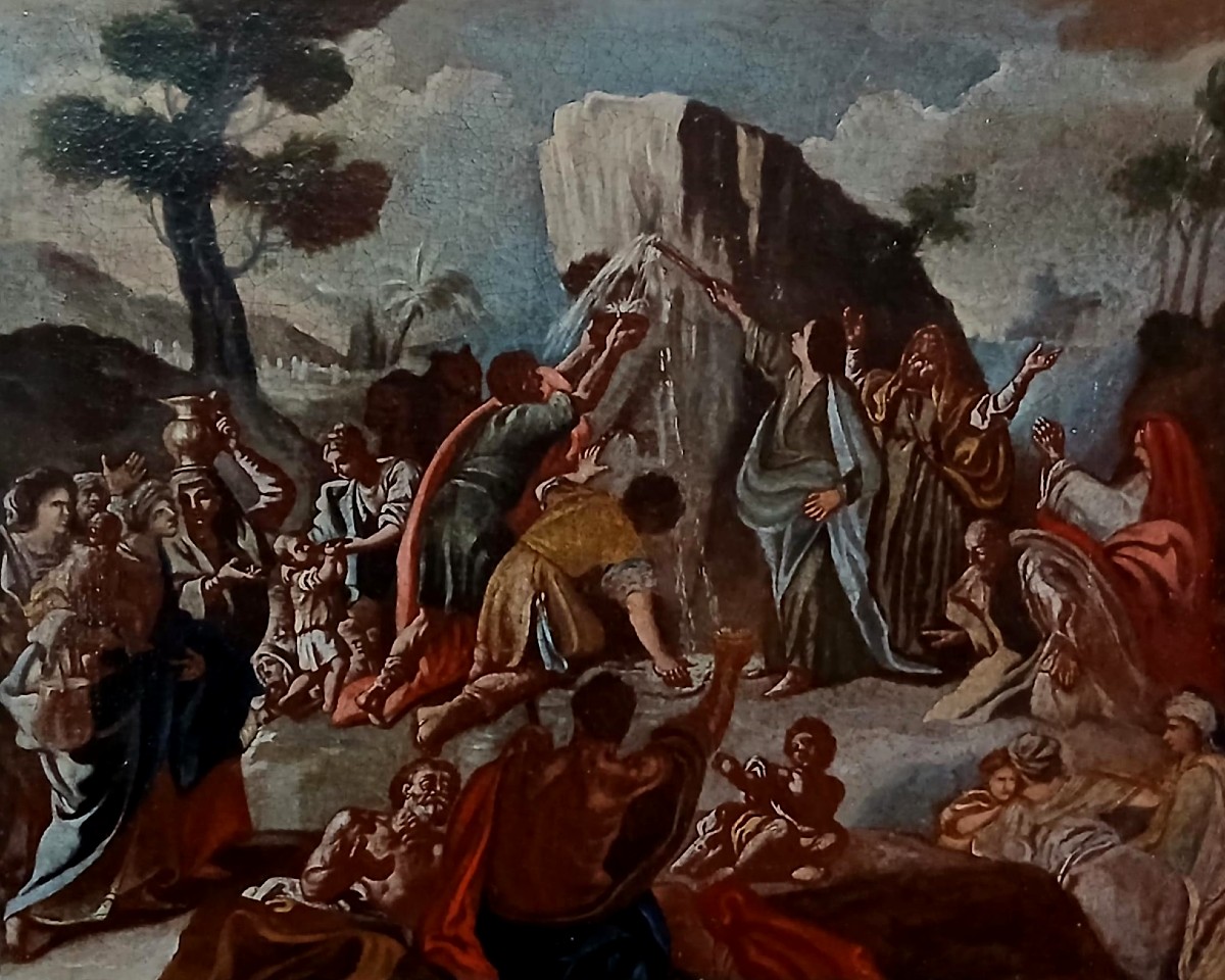 Angelo Solimena 1629-1716 (attribuibile) . Mosè fa scaturire l'acqua dalle rocce cm 48x60