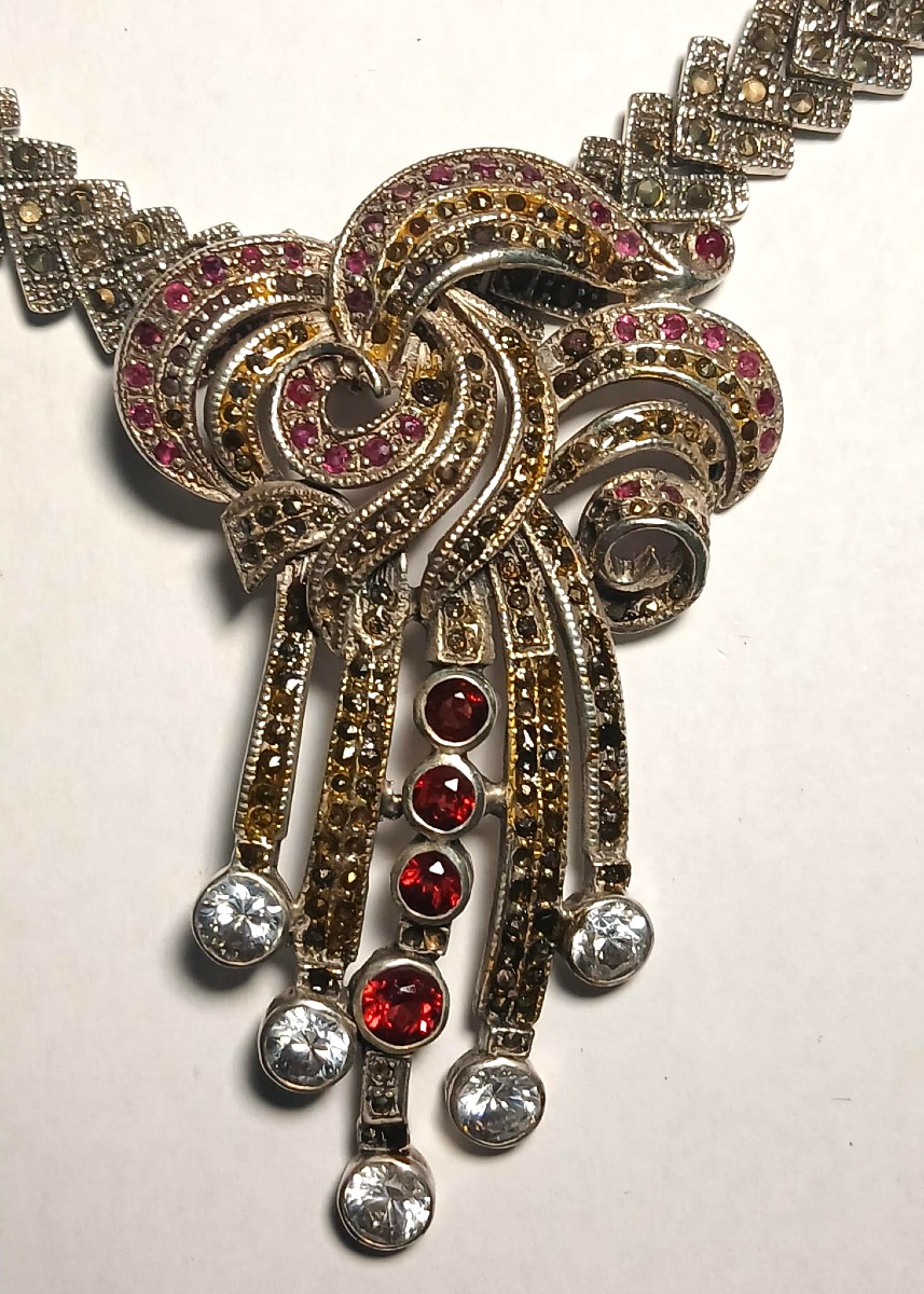 Collana Barocca in argento sterling con brillanti sintetici granati e marcassite. Anni 1970-photo-2