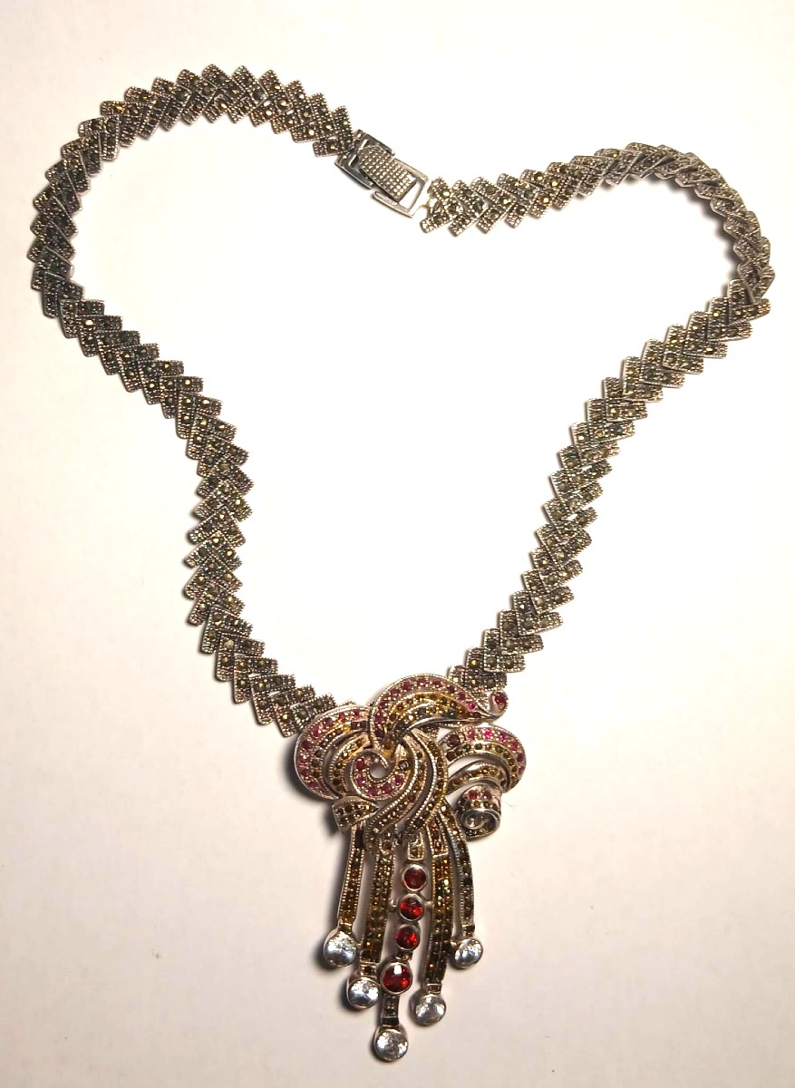 Collana Barocca in argento sterling con brillanti sintetici granati e marcassite. Anni 1970-photo-3