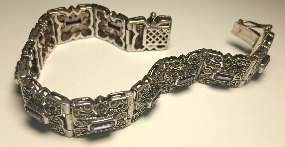 Bracciale argento 925 composto da 11 formelle snodabili con ametiste rettangolari e marcassite-photo-2