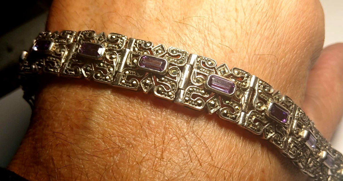 Bracciale argento 925 composto da 11 formelle snodabili con ametiste rettangolari e marcassite-photo-3