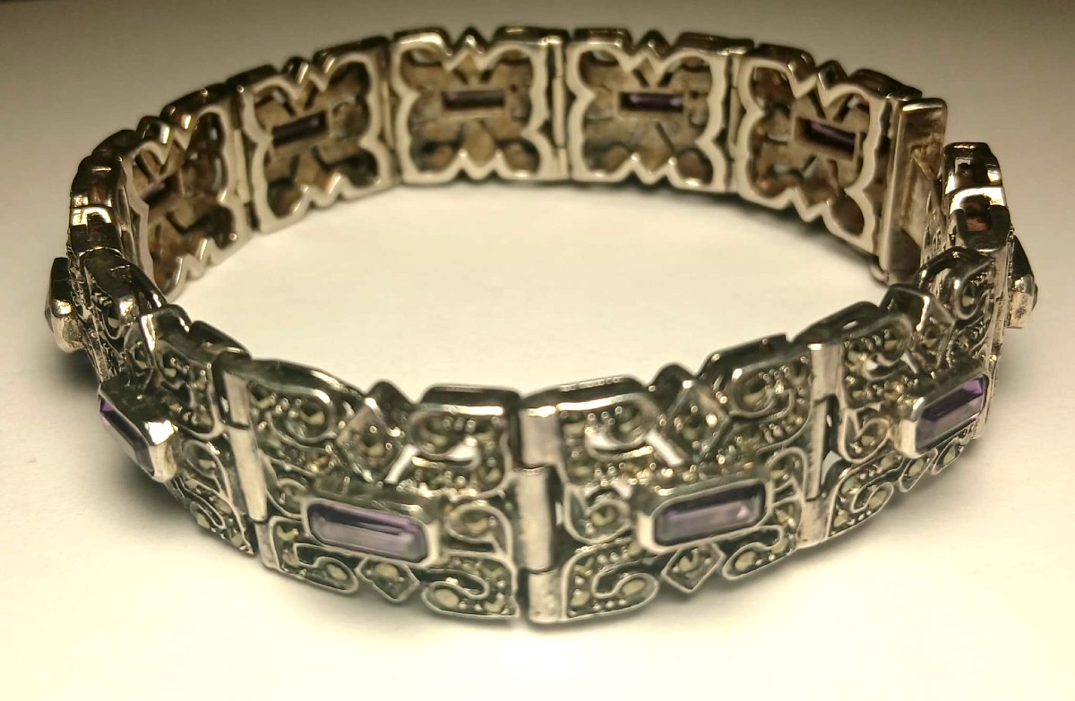 Bracciale argento 925 composto da 11 formelle snodabili con ametiste rettangolari e marcassite