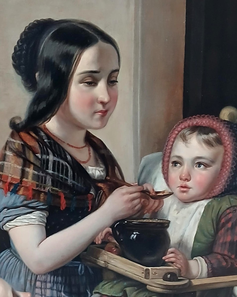 Dipinto Biedermeier ad olio su tela 'Gioie di Mamma' cm.119x94-photo-2