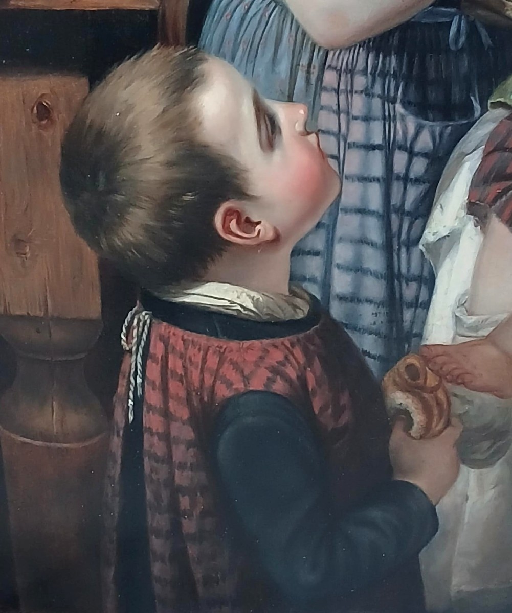 Dipinto Biedermeier ad olio su tela 'Gioie di Mamma' cm.119x94-photo-4