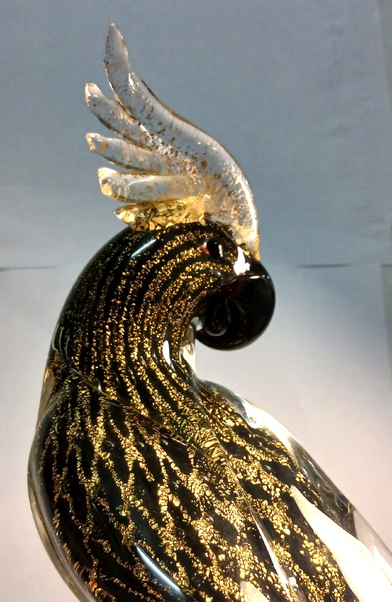 Alberto Donà Murano 1980 - Pappagallo in vetro soffiato con reticolo in oro.-photo-2
