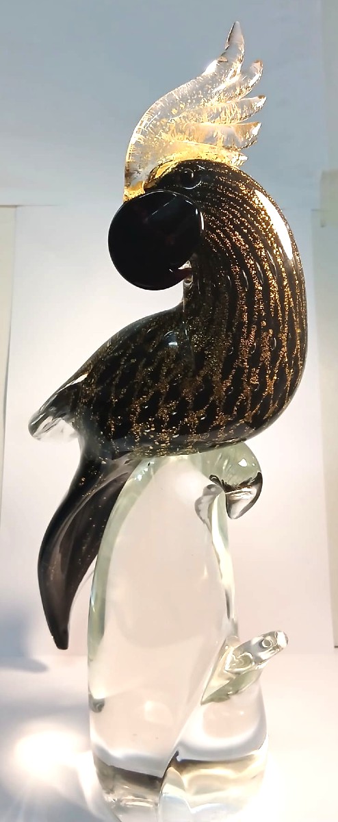Alberto Donà Murano 1980 - Pappagallo in vetro soffiato con reticolo in oro.